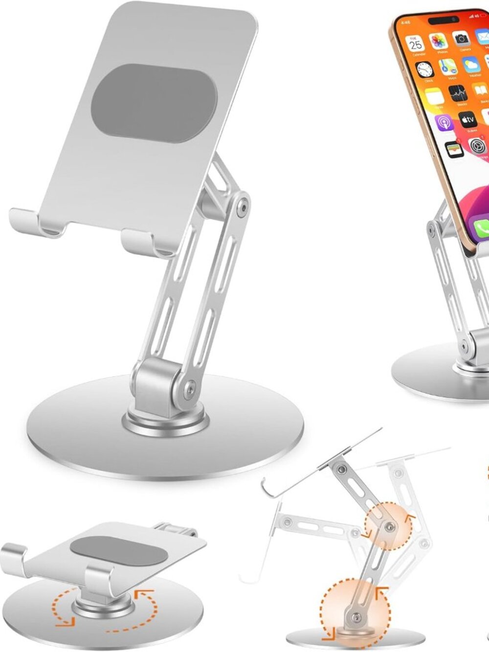 Adjustable Aluminum Phone Stand, 360° Rotating Desk Phone Holder -D